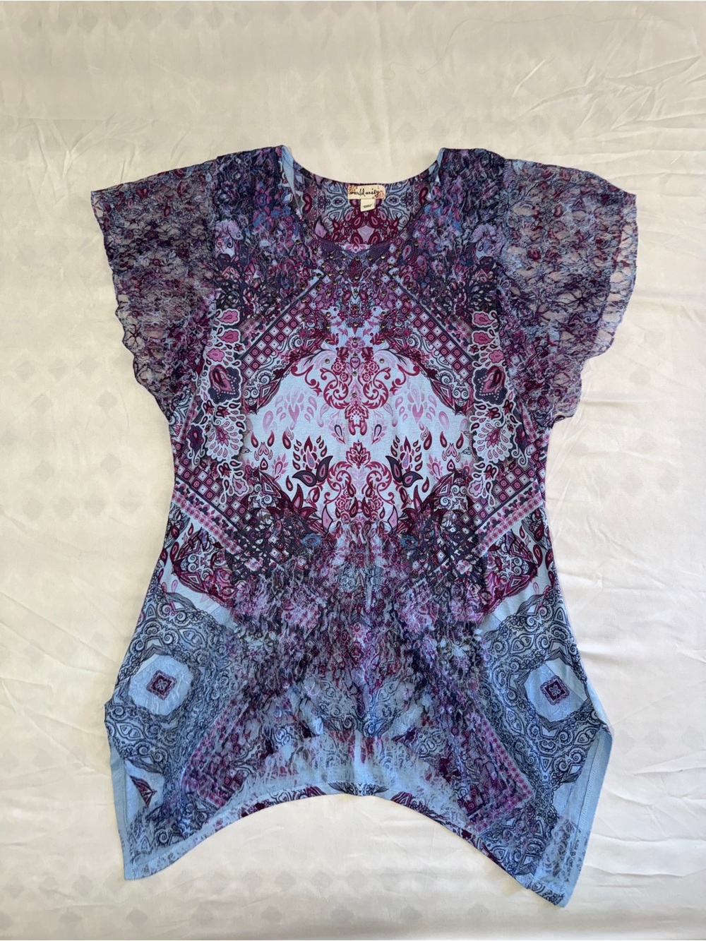 Printed Short Sleeve Tunic Top - Blue Purple - Picture 10 of 12